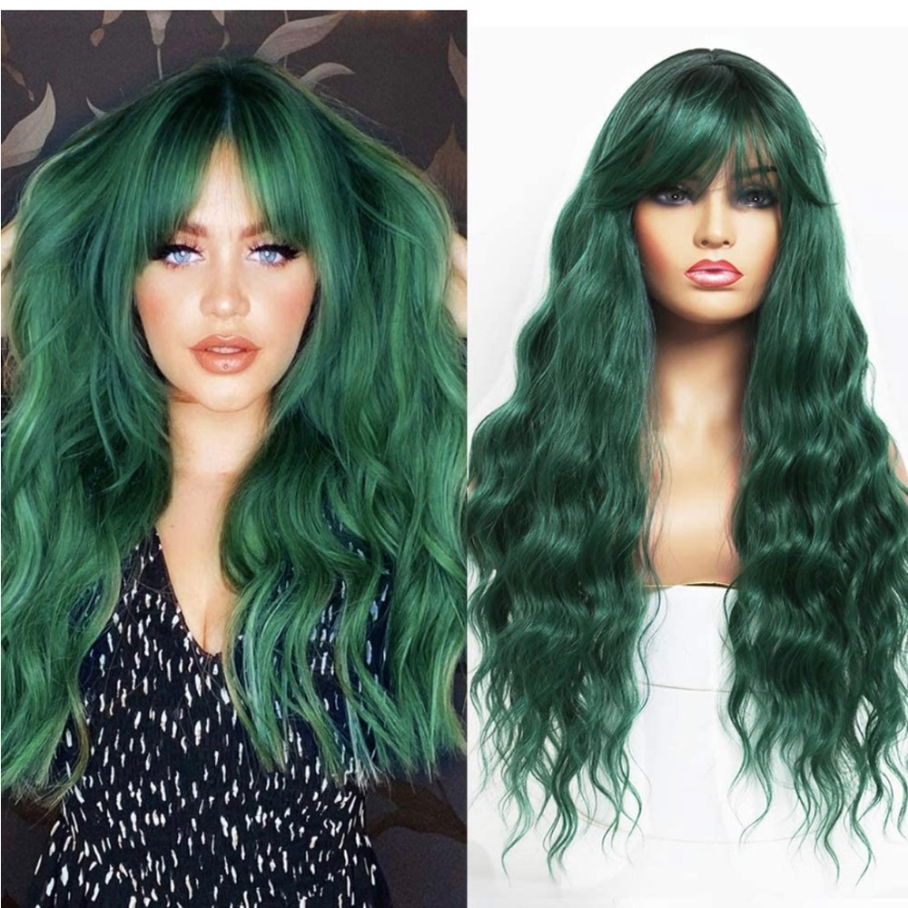 Green Blue Teal Ombré Wig with Bangs Long Wavy Heat Resistant 26 inches Cosplay